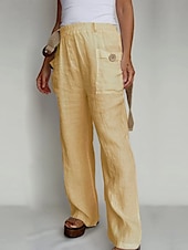 economico Pantaloni in lino e cotone semplici-Pantaloni ampi in cotone e lino A tinta unita Chinos Pantaloni baggy Basic Casual Lunghezza intera Vita alta Semplice Pockets Fascia elastica Comfort All&#039;aperto Micro-elastico Vacanze Strada