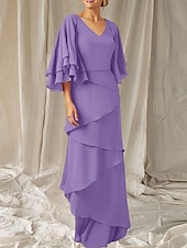 economico Lunghezza del pavimento-Abito Due Pezzi A-Line Madre della Sposa Ospite Matrimonio Elegante Inclusa Fascia V Collo Lunghezza del Pavimento Chiffon Manica Mezza Fascia Inclusa con Volant