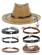 billiga Herrhattar-västerländsk hattdekorationsband - kohuvud, läder- och fjäderdekoration för cowboy- och cowgirlstil, perfekt för festivaler, rodeos och utomhusevenemang