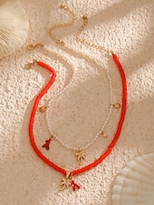 cheap Women&#039;s Necklace-Women&#039;s Boho Layered Shell and Bead Necklace Set – Beach-Style Turquoise Pendant and Gold Charms for Summer Vacations and Festivals