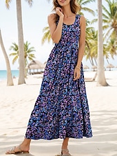preiswerte Blumenkleider-Damen Midikleid Sommerkleid A Linie Kleid Schulterfreies Kleid Elegant Urlaub Lässig Formpassend Blumen Grafik Ärmellos U-Ausschnitt Rundausschnitt Rote Blau Purpur Grün Sommer Frühling