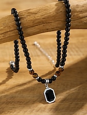 cheap Men&#039;s Jewelry-Men&#039;s Black Onyx Beaded Necklace with Tiger Eye Accents and Silver Pendant – Stylish Gift for Casual and Formal Occasions
