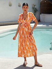 preiswerte Blumenkleider-Damen Midi-Kleid Maxikleid Orange Kurzarm Geometrisch Mit Gürtel Frühling &amp; Sommer V Ausschnitt Musterkleid S M L