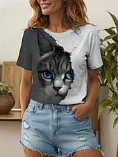 billige Dyrene tee-Dame T skjorte Grafisk Dyr Katt Årgang Stilfull Klassisk Kortermet Crew-hals Rund hals Vanlige topper Daglig Helg Trykt mønster Hvit og grå Sommer Vår