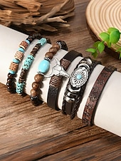 abordables Bijoux pour hommes-Bracelet western en cuir pour homme avec perles et pierres turquoises, motif crâne de vache, style bohème pour un usage décontracté et en extérieur