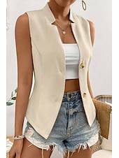 billige Enkel tank topp-Dame linskjorte Bluse Bomull lin vest عادي Fritid Ermeløs V-hals Vanlige topper Daglig Ut på byen Knapper Svart Hvit Champagne Sommer