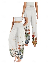 billiga Grafisk linnebyxa i bomull-Dam Linneinspirerade byxor Brett skaft Byxor Etnisk Stil Ledigt Boho Fullängd Hög midja Blommig Ficka Elastisk midja Tryck Mateial som andas Mjuk Microelastisk Utomhus Yoga Vit Gul Rosa Purpur Sommar