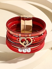abordables Bracelet pour femme-Bracelet magnétique en similicuir pour femme – Bracelet manchette en alliage avec breloque cœur et perle et texte inspirant, bijou tendance style bohème, idéal pour la fête des mères, les anniversaires et les tenues décontractées.