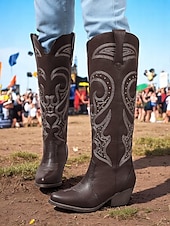 ieftine Cizme Cowboy &amp; Western-cizme de cowboy occidentale de damă cu design brodat – cizme elegante maro cu toc bloc pentru festivaluri de muzică, îmbrăcăminte casual și evenimente în aer liber