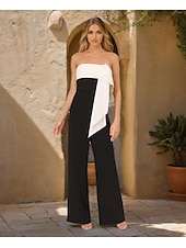 baratos Ternos e Macacões-macacão vestido de noite elegante vestido formal para convidados de casamento comprimento até o chão sem mangas ombro a ombro bloco de cores com pregas laço(s) 2025