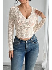 preiswerte Spitzenoberteile-Damen Bluse Spitzentops Einfach Modern Langarm V Ausschnitt Crop Tops Täglich Ferien Ausgehen Spitze Beige Sommer