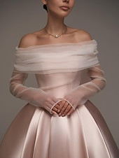 preiswerte Cocktailkleider-Rosa Ballkleid Satin A-Linien Cocktail Elegante Kleider Formelle Hochzeit Knöchellänge Langarm Schulterfrei Abnehmbar mit Schal