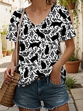 billige Dyrene tee-Dame T skjorte Grafisk Katt Planter Årgang Stilfull Klassisk Kortermet V-hals Vanlige topper Daglig Trykt mønster Hvit matt-hvit Sommer Vår
