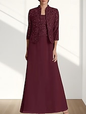 economico Lunghezza del pavimento-Due Pezzi Linea ad A Abito da cerimonia per signora Ospite di nozze Elegante Collo quadrato Lunghezza al pavimento Chiffon Pizzo Manica 3/4 con Pizzo 2025