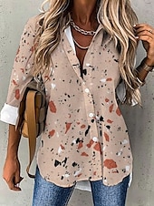 tanie Kwiatowe topy-Damskie Koszula Ombre Kwiaty Graficzny Codzienny Długi rękaw Kołnierzyk koszuli Zwykłe topy Praca Codzienny Guziki Nadruk Dżinsowy niebieski Biały Khaki Lato Wiosna Jesień