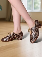 abordables Chaussures de danses latines-Chaussures de danse latine à lacets et imprimé léopard pour femmes – Chaussures d&#039;entraînement à talon bas pour adultes et événements sociaux