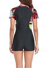 abordables Maillots de bain une pièce-Femmes Maillots de Bain Une Pièce Maillot de bain Zip Up Patchwork Tropical Tenues de plage Fleur Col rond Manches courtes Maillots de bain