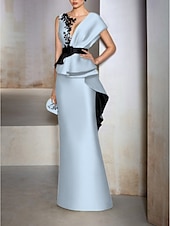 abordables JAUNE-Robe de soirée fourreau élégante robe formelle invitée à un mariage longueur sol manches courtes décolleté en V en satin avec volants broderies et appliqués 2025