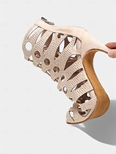 billige Sko til latindans-beige rhinestone latinske dansehæler med snøring for kvinner – pustende mesh peep toe performance sko for ballsaltrening