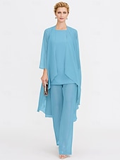 billiga Mammas byxdräkter-Strand Bröllop Jumpsuit/Byxdräkt 3 Delar Mor Till Brud Bröllops Gäst Elegant Plus Size Inkluderat Bateau Hals Golvlängd Chiffon Ärmlös Jacka es med Enfärgade Färger