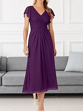cheap Wedding Guest Dresses-A-Line Wedding Guest Dresses Elegant Dress Wedding Guest Engagement Tea Length Short Sleeve V Neck Chiffon with Pleats Ruched