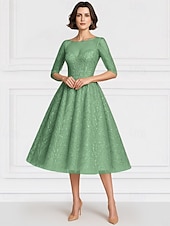 abordables Longueur du thé-Robe mère de la mariée en A bleue élégante vintage illusion col longueur cheville en chiffon à demi-manches avec broderie de sequins