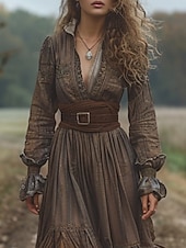 tanie Sukienki boho-Damskie Długa sukienka sukienka maxi Codzienne sukienki Sukienka rozkloszowana Letnie sukienki Sukienka Boho Zabytkowe Urlop Codzienny Święto Regularny Czyste kolory Długi rękaw W serek Brązowy Lato