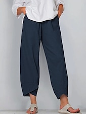 abordables Pantalon en coton et lin-Pantalons Femme en Coton Lin Pantalons Amples Similaire au Lin Chinos Mode Basique Longueur Complète Taille Moyenne Poche Unie à Cordon Confortable Extérieur Micro-élastique Vacances Street Quotidien