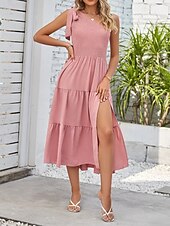 abordables Robes-Femmes Robe Midi Robe Blanche Robe en coton et lin Mode Moderne Extérieur Vacances Anniversaire Coupe régulière Uni Sans manches Une Épaule Rose Claire Noir Blanche Vert Véronèse Été