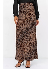 ieftine Fuste grafice-Pentru femei Fustă Casual Maxi Talie Medie Fuste Leopard Imprimeu Micro-elastic Vacanță Stradă Alb Maro Bej Vară Mătase ca satinul