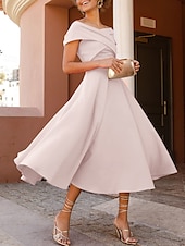 abordables Robes de cocktail-Robes de cocktail en A mariage à la plage robe élégante longueur thé sans manches épaule dénudée invité d&#039;automne tissu extensible avec fente froncée robes Derby 2025