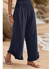 economico Pantaloni in lino e cotone semplici-Per donna Pantaloni in cotone e lino Pantaloni Eleganti Moda Streetwear Lunghezza intera Naturale Semplice Volant Elastico in vita All&#039;aperto Confortevole All&#039;aperto Vacanza Uscire Rosso arancione