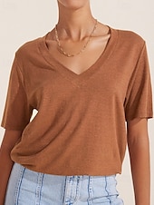 cheap Shirts-Women&#039;s Linen Shirt Blouse Plain Casual Short Sleeve V Neck Regular Tops Holiday Going out White Brown Summer