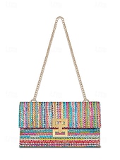 preiswerte Umhängetaschen-Damen-Umhängetasche aus gewebtem Stroh mit goldenem Kettenriemen – elegante Sommer-Clutch für Strand-, Urlaubs- und Resort-Outfits