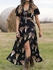 billige Boho-kjole-Kvinners Boho Kjole Vestlands Kjole Maxi Kjole A-linje Kjole Sommer Kjole Ferie Uformell Boho Daglig Regelmessig Passform Grafikk Kort Erme V Uten Svart Sommer