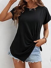 abordables T-shirt uni-T-shirt femme de couleur unie Uni Mode Classique Décontracté Manches courtes Col rond Hauts réguliers Quotidien Week-end Asymétrique Noir Blanc Vert armée Bleu marine Été
