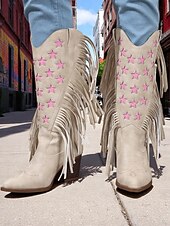 levne Vintage Boty-Dámské růžové bohémské westernové kozačky s třásněmi – elegantní kovbojský styl s úzkým podpatkem na hudební festivaly i běžné nošení