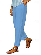 economico Pantaloni in lino e cotone semplici-Per donna Pantaloni in cotone e lino Pantaloni Eleganti Casual Lunghezza intera Naturale Semplice Tasca Elastico in vita Comodo All&#039;aperto Confortevole Ferie Uscire Cammello Nero Bianco Blu Estate