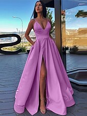 cheap Prom Dresses-A-Line Prom Dresses Black Dress Dress Wedding Guest Prom Sweep / Brush Train Sleeveless Spaghetti Strap Satin with Pleats Split Front Masquerade Dress 2025