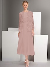 cheap With Jacket-Blue Pink Two Piece A-Line Dress Sets Mother of the Bride Dress Elegant Crew Neck Ankle Length Chiffon Long Sleeve Jacket Dresses with Lace Embroidery 2025