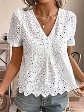 ieftine Bluze simple-Pentru femei Cămașă popover Cămașă de vară Cămașă casual Bluză Dantelă Capsă Nasturi Floral Vacanță Casual Manșon scurt În V Topuri obișnuite Zilnic Concediu Alb Vară Primăvară