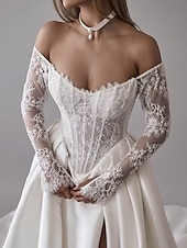 abordables Vestidos de novia-Vestidos de Boda Bustier Caída Vestido de Gala Sin Mangas Con Mangas Desmontables Falda Capilla Satinado Novias Con Aplicación de Encaje Floral