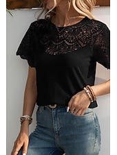 abordables Hauts en dentelle-Femmes Chemisier Hauts en dentelle Uni Occasionnel Manche Courte Col ras du cou Hauts Réguliers Quotidien Fête Sortir Dentelle Noir Blanche Violet Été