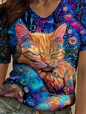 abordables T-shirt Animaux-Femmes T-shirt Fleuri Graphique Animal ancien Élégant Classique Manche Courte Col en V Hauts Réguliers Quotidien Imprimé Arc-en-ciel Été Printemps
