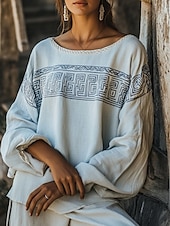 billige Boho topper-Dame Boho skjorte Bluse Blomsternål i krystall Moderne Fritid Bohem Langermet Crew-hals Vanlige topper Daglig Ferie Ut på byen Trykt mønster Hvit Sommer