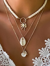 cheap Women&#039;s Necklace-Women&#039;s Boho Layered Shell and Bead Necklace Set – Beach-Style Turquoise Pendant and Gold Charms for Summer Vacations and Festivals