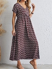 tanie Sukienka w paski i geometryczna-Damskie Sukienka maxi Sukienka A line Letnie sukienki Codzienny Codzienny Regularny Graficzny Geometryczny Krótki rękaw W serek Czarny Wino Czerwony Zielony Lato