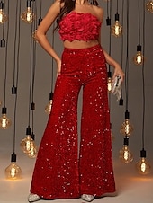 abordables pantalons de fête pour femmes-Pantalons Baggy en Coton Lin Femme Chino à Jambes Larges Mode Streetwear Longueur Complète Taille Haute Uni Sequins Confort Doux Agréable Micro-élastique Extérieur Soirée Rue Noir Rose Rouge Été
