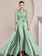 billige Mammas jumpsuits-To-delt jumpsuit/buksedress mor til bruden formell bryllupsgjest elegant skjortekrage ankel lengde sateng halv erme med sløyfe(r) gratis tilpasset størrelse