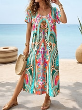 billiga Boho klänningar-Dam Midiklänning Solklänning A linjeklänning Semester Ledigt Boho Fjäril Semester Strand Normal Blommig Grafisk Kortärmad Rund halsringning vit blå Vit Blå Grön Sommar